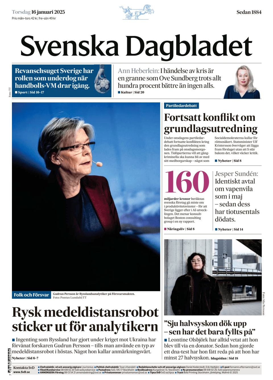 Prima-pagina-Svenska Dagbladet-edizione-di-oggi-20250116